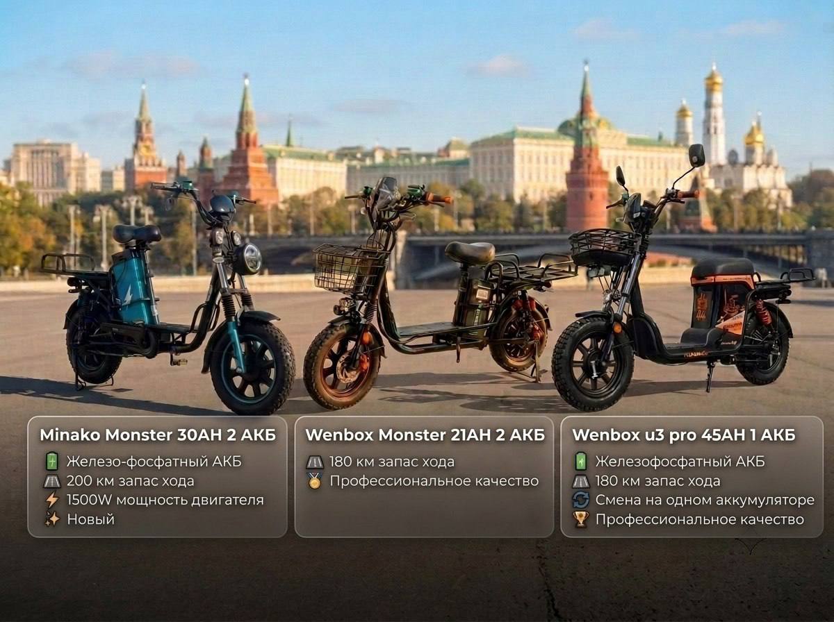 Три модели электробайков на фоне Москвы